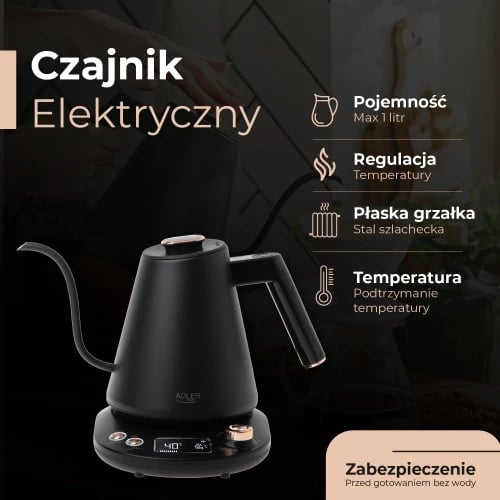 Çajnik elektrik Adler AD 1349 1.0L gooseneck me rregullim temperature, display LED, mbajtje nxehtësie, zi-ari