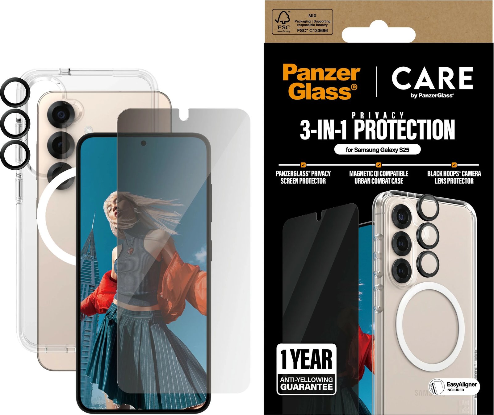 Mbështjellës PanzerGlass CARE Flagship 3-in-1 Privacy Bundle për Samsung Galaxy S25, transparent