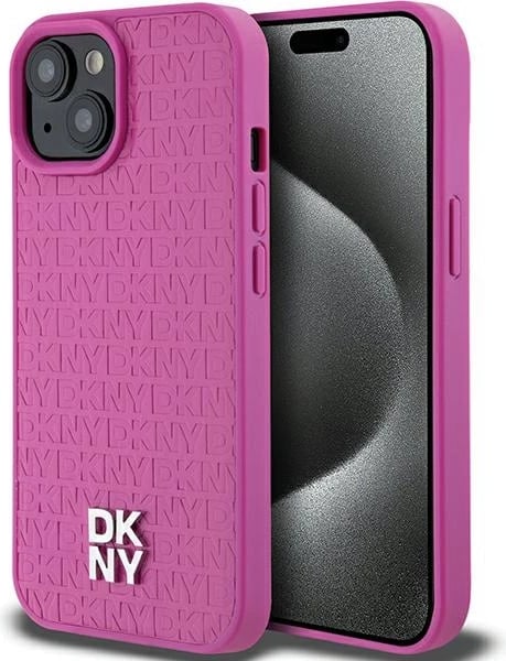 Mbështjellës DKNY Leather Pattern Metal Logo MagSafe për iPhone 15/14/13, rozë