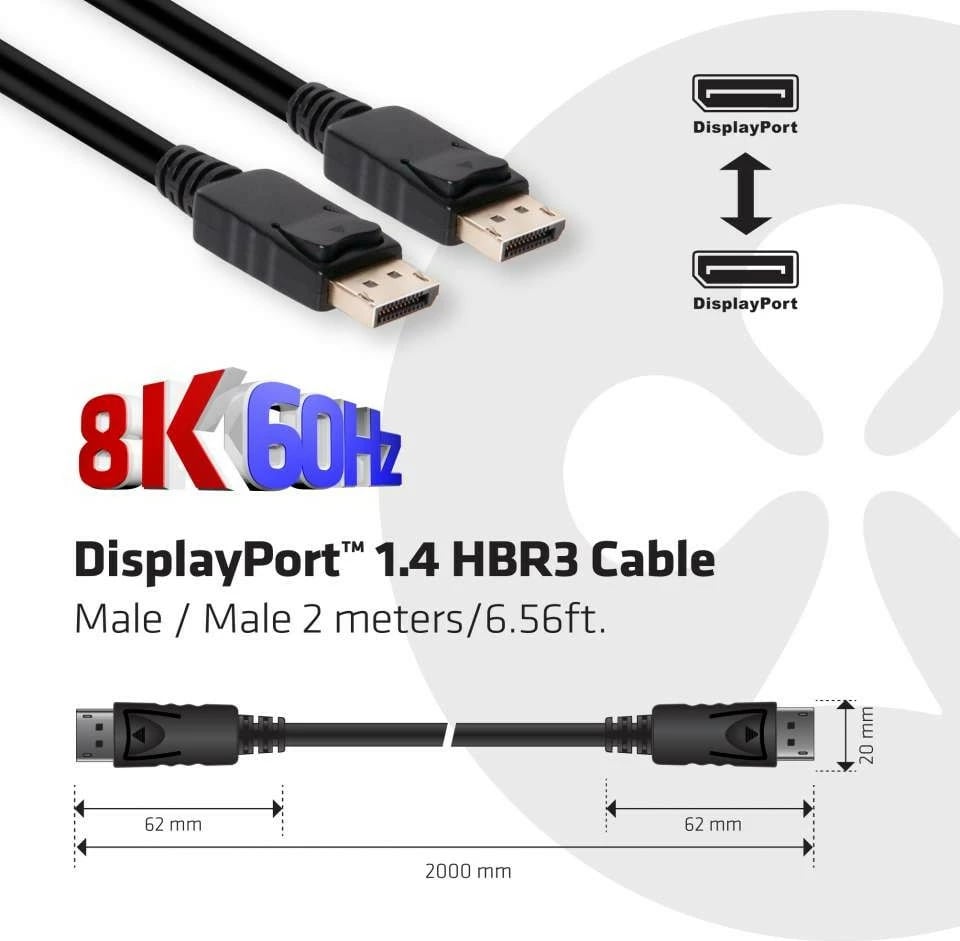Kabllo DisplayPort Club3D 1.4 HBR3 2m 8K60Hz, e zezë
