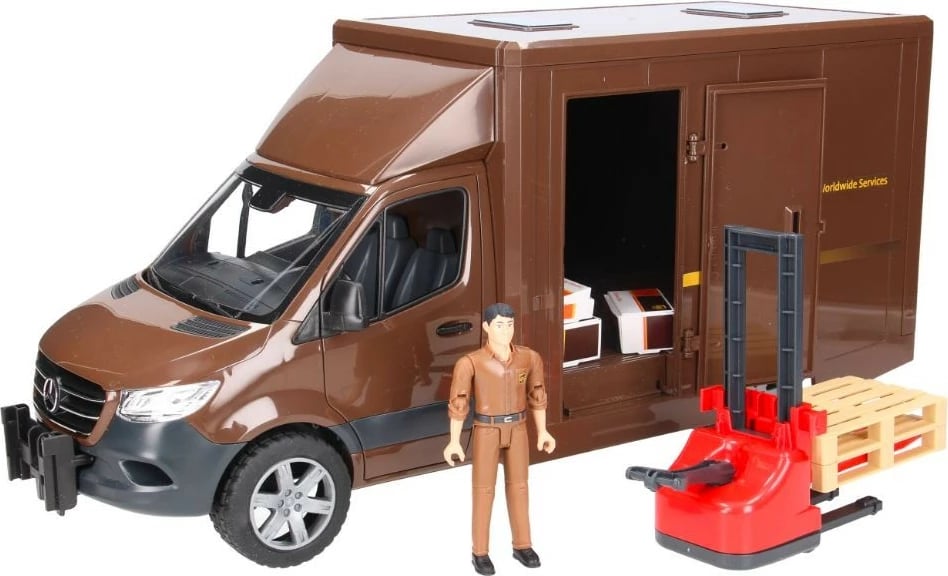 Set lodër furgon Mercedes-Benz Sprinter UPS, BRUDER 02678, shkalla 1:16, me figurë shoferi, karrocë dore dhe paleta, kafe