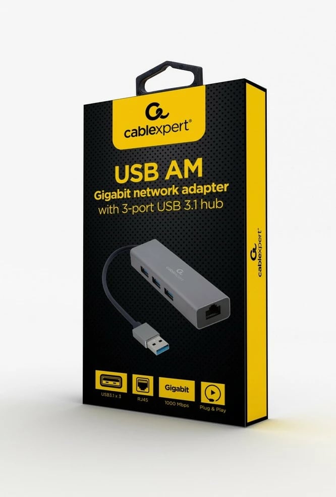Adapter USB në LAN Gembird A-AMU3-LAN-01, 3x USB 3.0, Gri