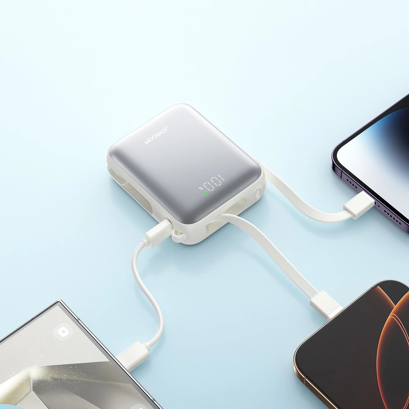Powerbank Joyroom JR-PBF27, 10000mAh, 22.5W, me kabllo USB-C dhe Lightning të integruara, Bardhë