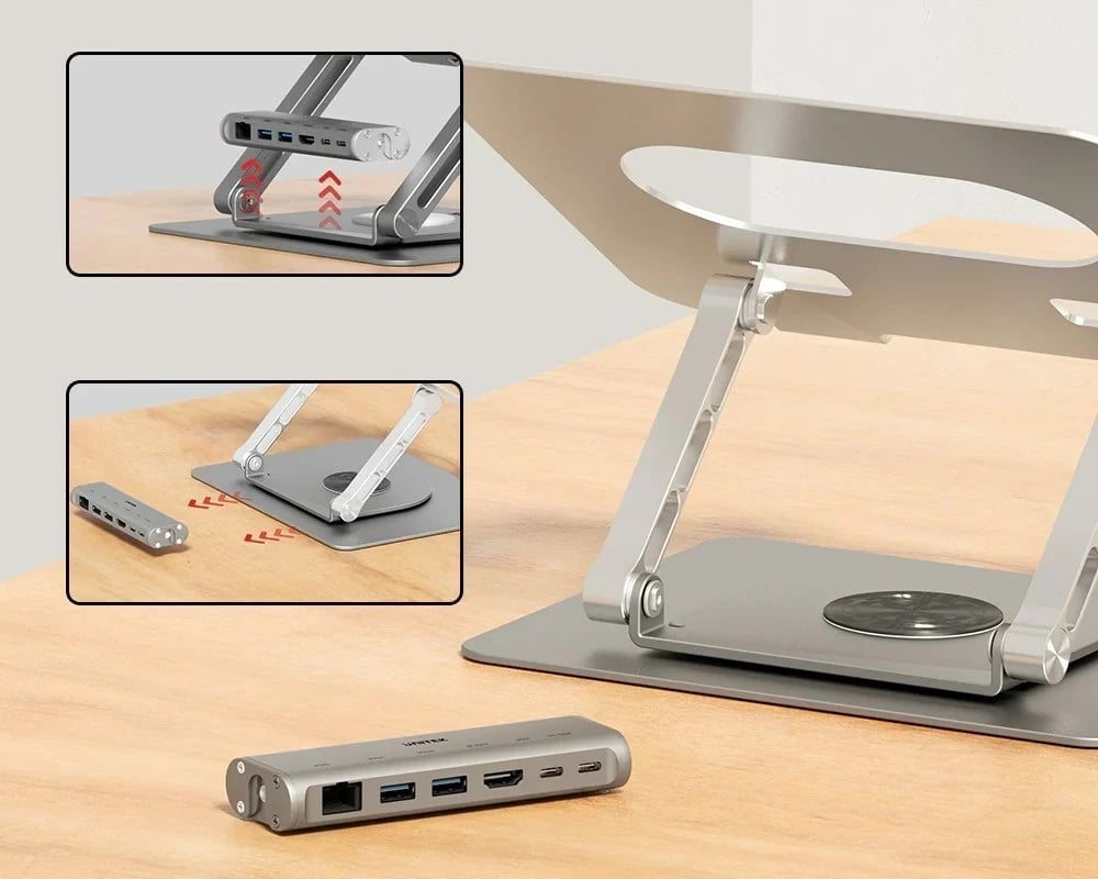 Mbajtëse laptopi UNITEK D1109B01, e rregullueshme, me hub USB-C HDMI, Alumini