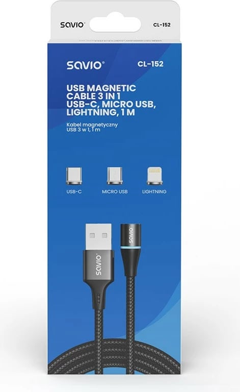 Kabllo magnetik USB Savio CL-152, 1m, 3 konektorë (Type-C, Micro, Lightning), Zi