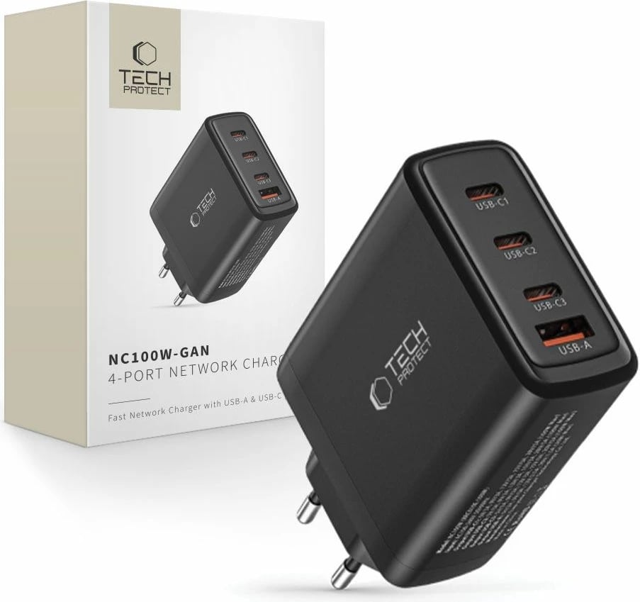 Karikues rrjeti Tech-Protect NC100W-GAN, 4 porta, 100W, USB-C/USB-A, i zi