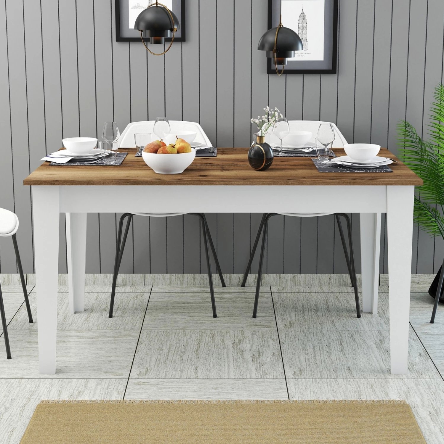 Tavolinë ngrënie standarde, FH9507.07, melaminë, ngjyrë e bardhë-dru arre, me hapësirë ruajtjeje, 145x88x75H cm