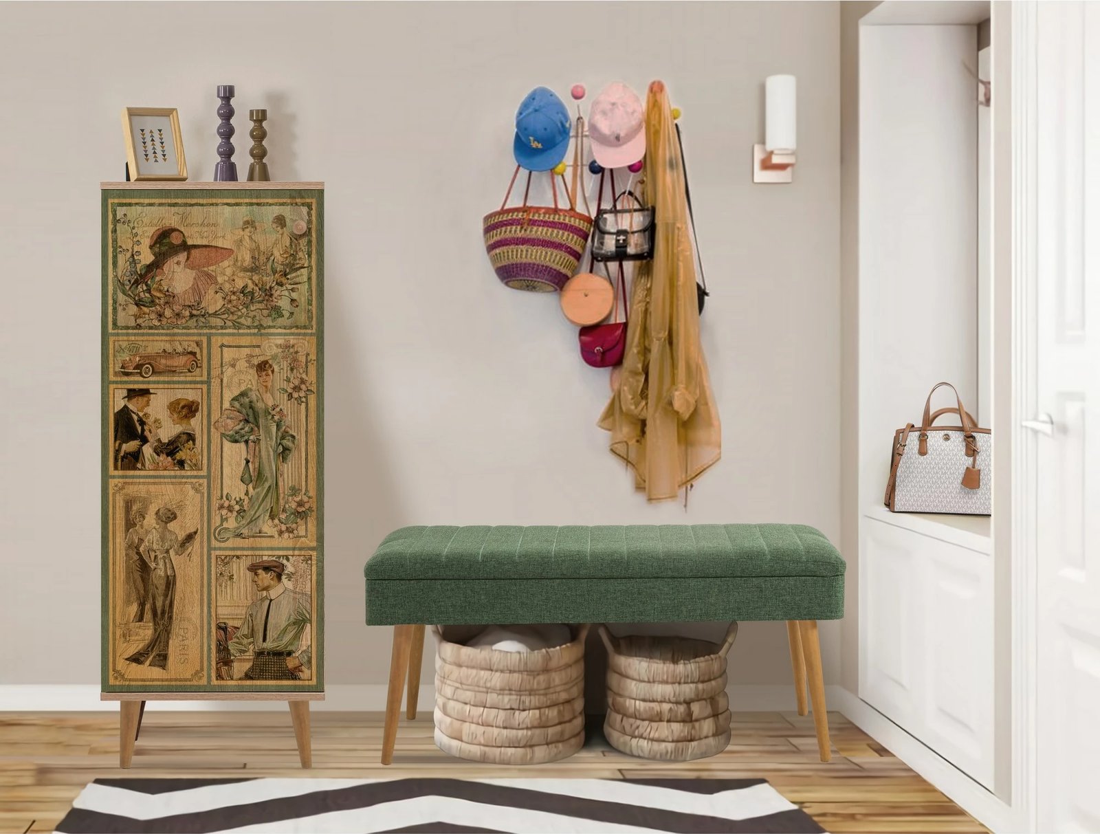 Set mobiljesh për korridor Skye Decor, Filinta - 732 - 1070, ngjyrë sonomo dhe e gjelbër