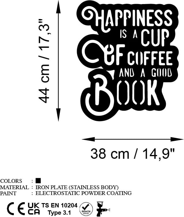 Aksesor dekorativ metalik për mur Wallity, Happiness Coffee, ngjyrë e zezë