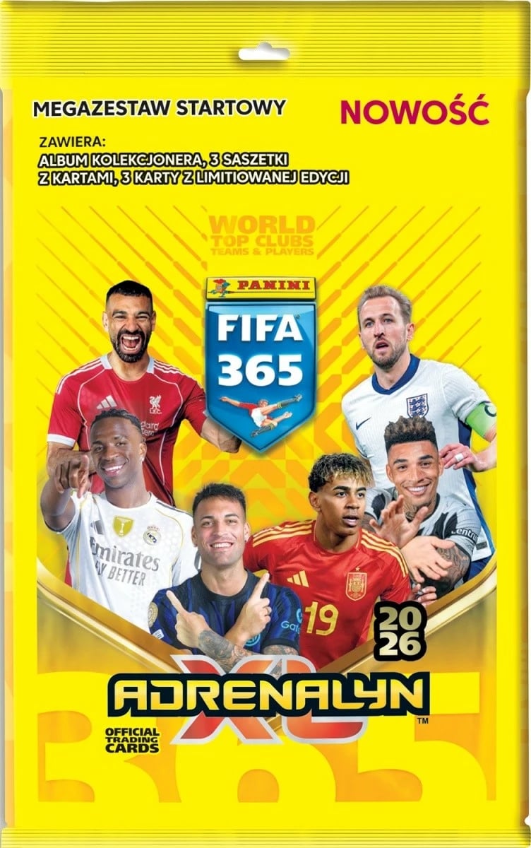Set kartela Panini FIFA 365 Adrenalyn XL 2026 Megaset Starter Pack me album koleksionues dhe 18 kartela, 3 të limituara