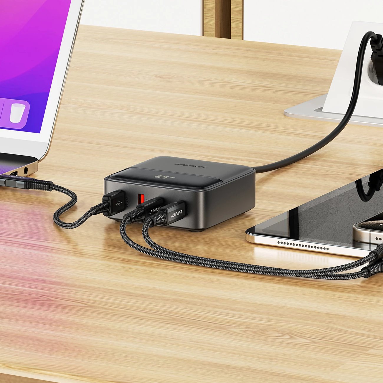 Karikues desktop Acefast Z6, 65W, 2x USB-A, 2x USB-C, me ekran, i zi