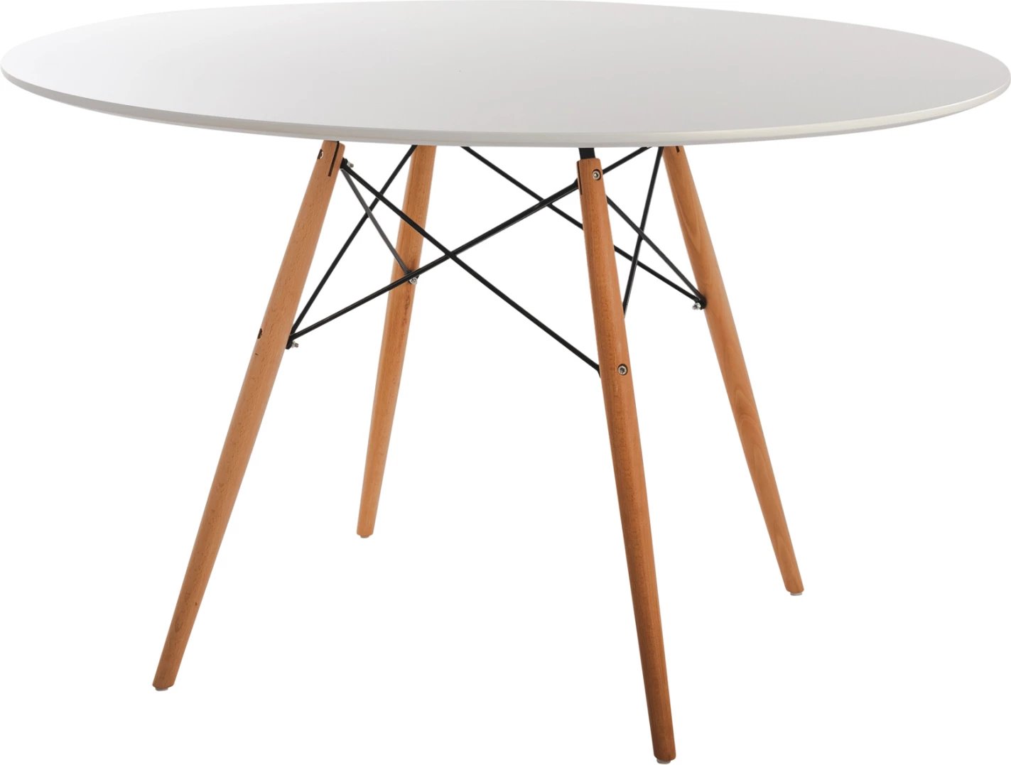 Tavolinë ngrënieje e rrumbullakët, sipërfaqe MDF e bardhë, këmbë druri ahu natyrale, FH8454.01, 120x75cm