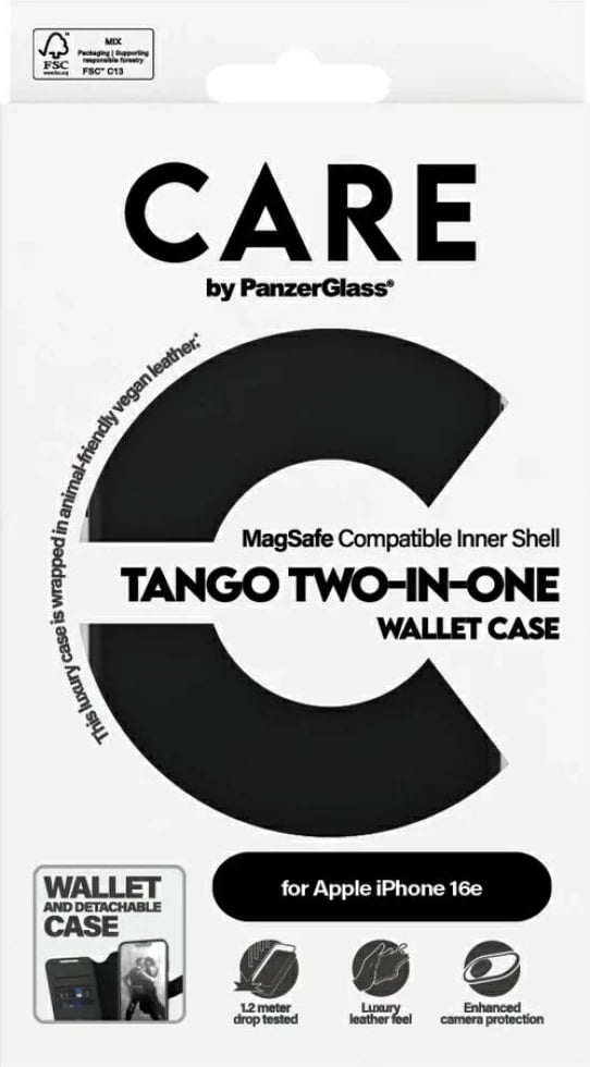 Mbështjellës PanzerGlass CARE Tango 2in1 Wallet Case për iPhone 16e, e zezë