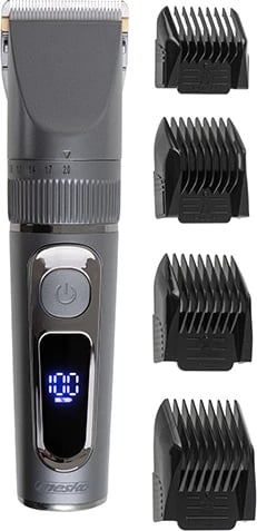 Prerëse flokësh, Mesko, MS 2843, LCD, IPX6, bateri 2000 mAh deri 180 min, karikim USB, teh titan me teh keramik, me krehra 3–12 mm, argjendtë