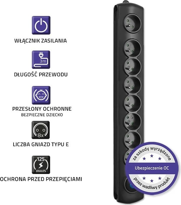 Prizë mbrojtëse Qoltec 50114 me 8 dalje, 3m, e zezë Prizë mbrojtëse Qoltec 50114 me 8 dalje, 3m, e zezë