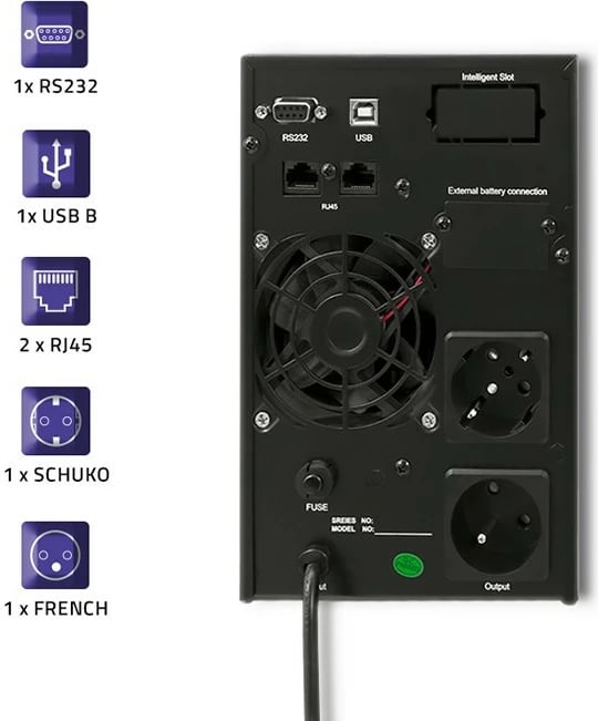 Kasë UPS Qoltec 53042, 1KVA 800W, valë e pastër sinus, LCD, USB, e zezë Kasë UPS Qoltec 53042, 1KVA 800W, valë e pastër sinus, LCD, USB, e zezë