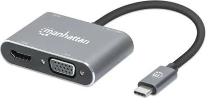 Adapter MANHATTAN USB-C në HDMI & VGA 4in1, Power Delivery, gri