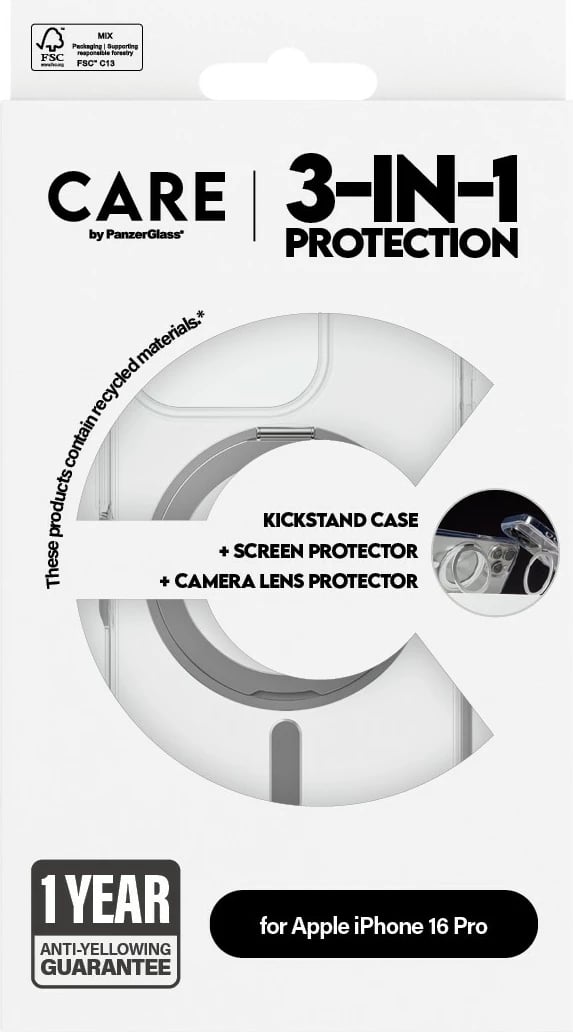 Mbështjellës PanzerGlass CARE Feature 3-in-1 Ceramic për iPhone 16 Pro, transparent