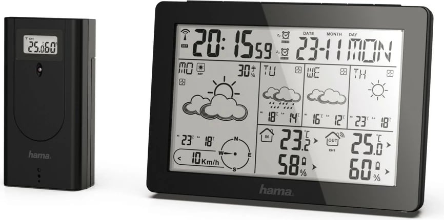 Stacion moti, Hama Meteotime 186369, ekran digjital me ndriçim të bardhë, sensor i jashtëm wireless, parashikim 4-ditor, i zi Stacion moti, Hama Meteotime 186369, ekran digjital me ndriçim të bardhë, sensor i jashtëm wireless, parashikim 4-ditor, i zi