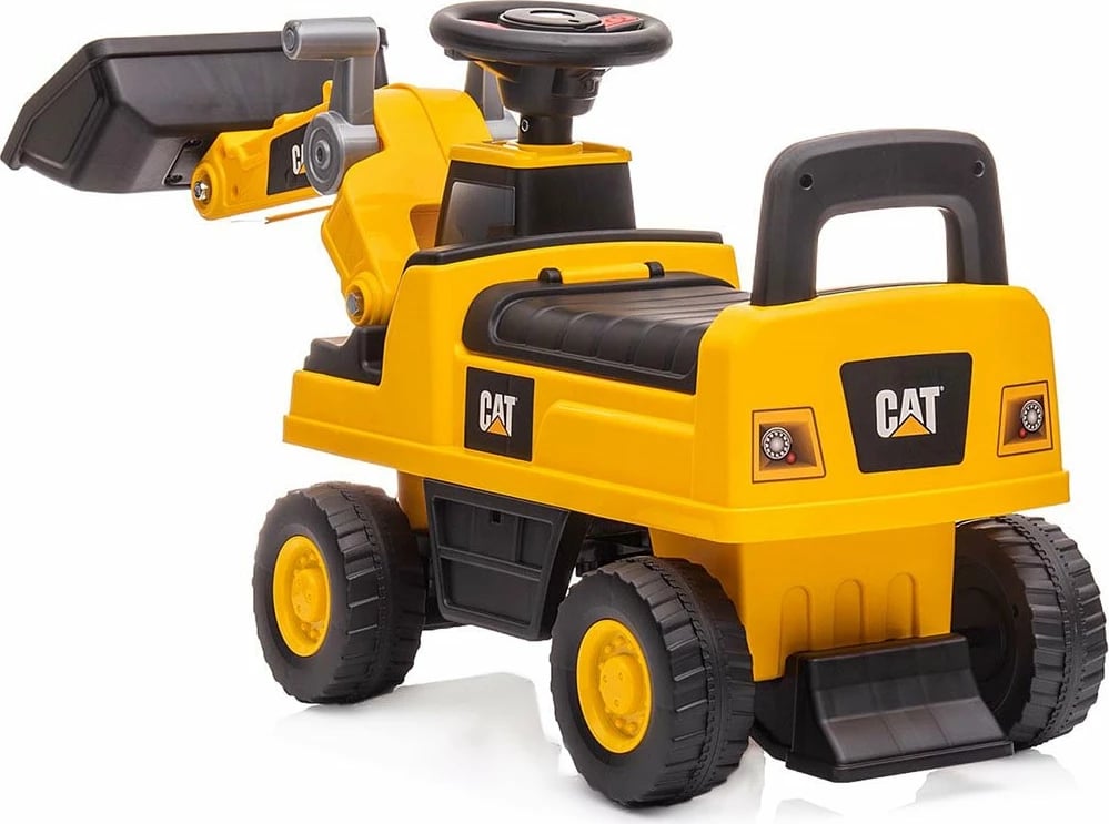 mjet ride-on ngarkues, Milly Mally CAT, timon me zë borie, dy blloqe kundër përmbysjes, magazinim nën ulëse, 12–36 muaj, deri 25 kg, e verdhë