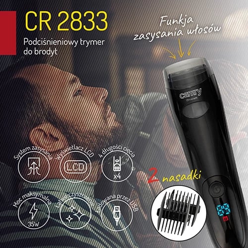 Trimer mjekre me vakum, Camry CR 2833, pa kabllo, LCD, 60 min, karikim USB, 2 përshtatës 3–12 mm, e zezë