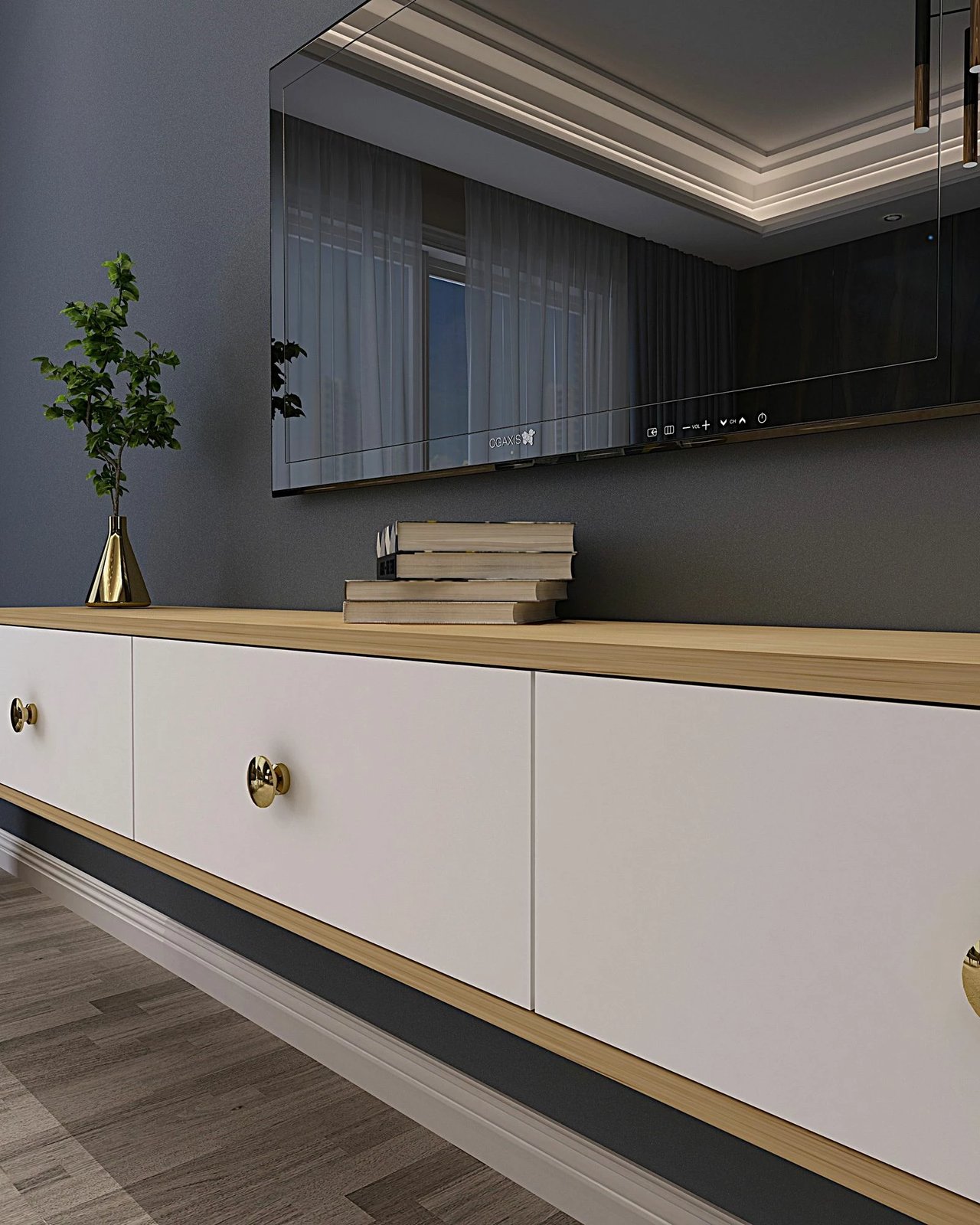 Komodë TV Skye Decor, Zuzu 180, ngjyrë lis safir dhe e bardhë