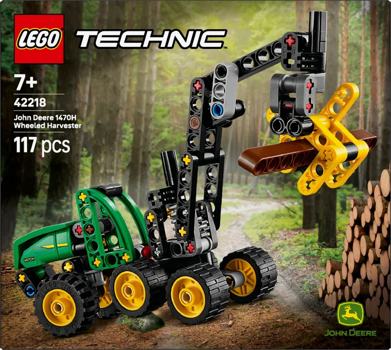 Set LEGO Technic 42218 John Deere 1470H Wheeled Harvester 117 pjesë 7+, jeshile e zezë e verdhë