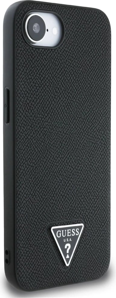 Mbështjellës Guess Grained Triangle MagSafe për iPhone 16e, i zi