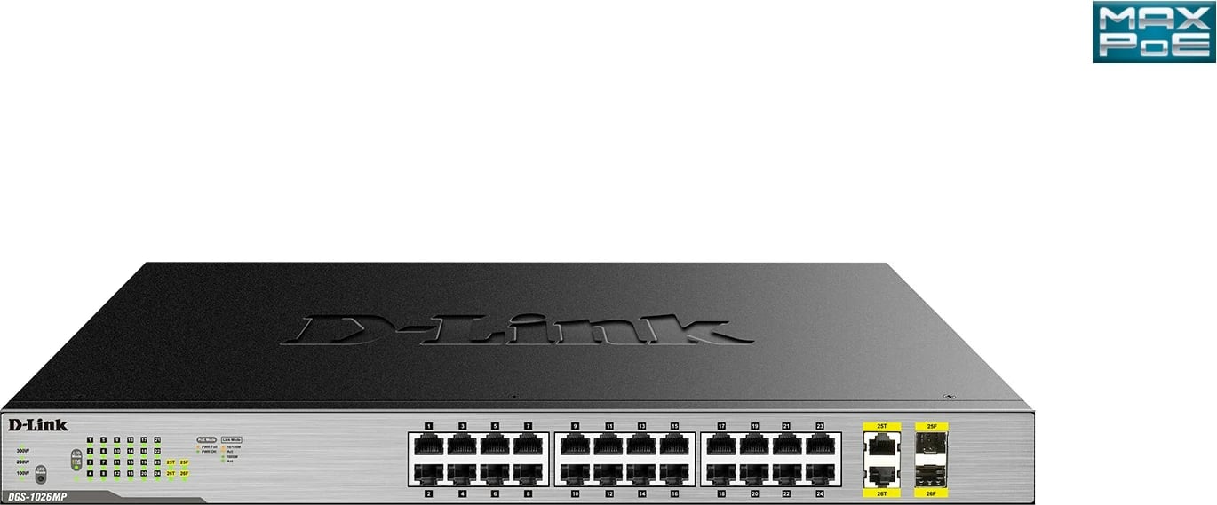 Switch D-Link DGS-1026MP, 26 porte, Gigabit, PoE, montim në rack