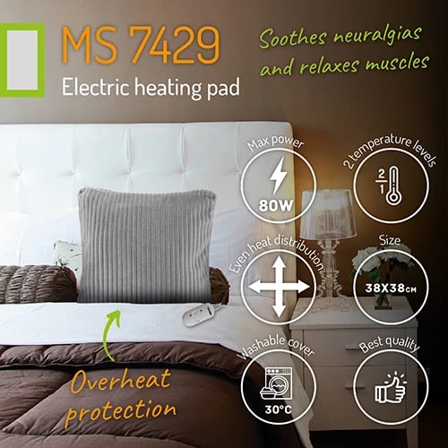 Jastëk ngrohës elektrik, Adler MS 7429, 38x38 cm, 2 nivele temperature, 80W max, gri
