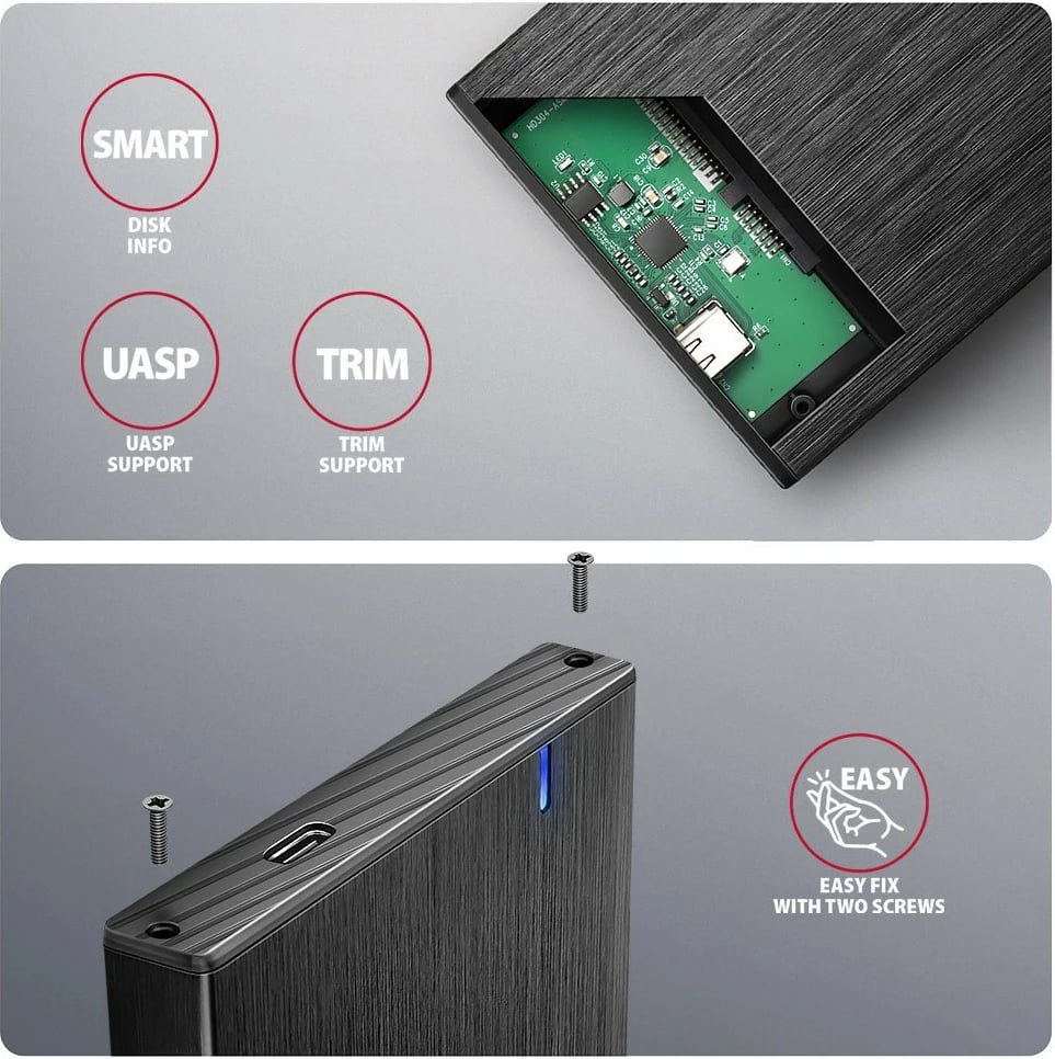 Kasë e jashtme AXAGON EE25-XA6C, 2.5", USB-C 3.2 Gen 1, Alumini, E zezë