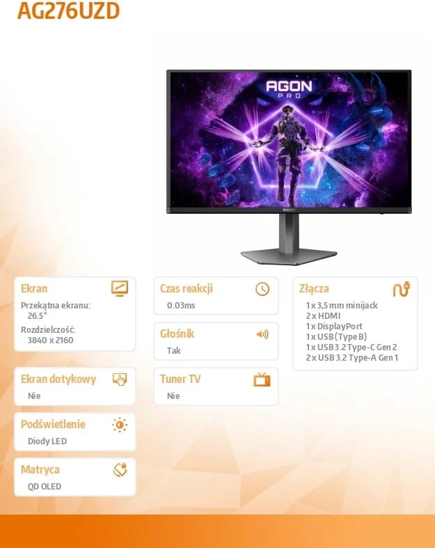 Monitor AOC AG276UZD 26.5", 4K QD-OLED, 240Hz, i zi Monitor AOC AG276UZD 26.5", 4K QD-OLED, 240Hz, i zi