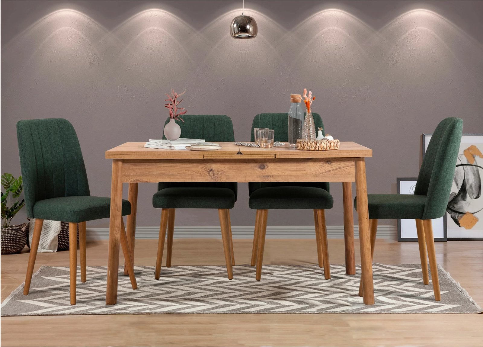 Set tavoline me karrige, zgjatshme, 5 pjesë, Skye Decor, ngjyrë pishë Atlantike, jeshile