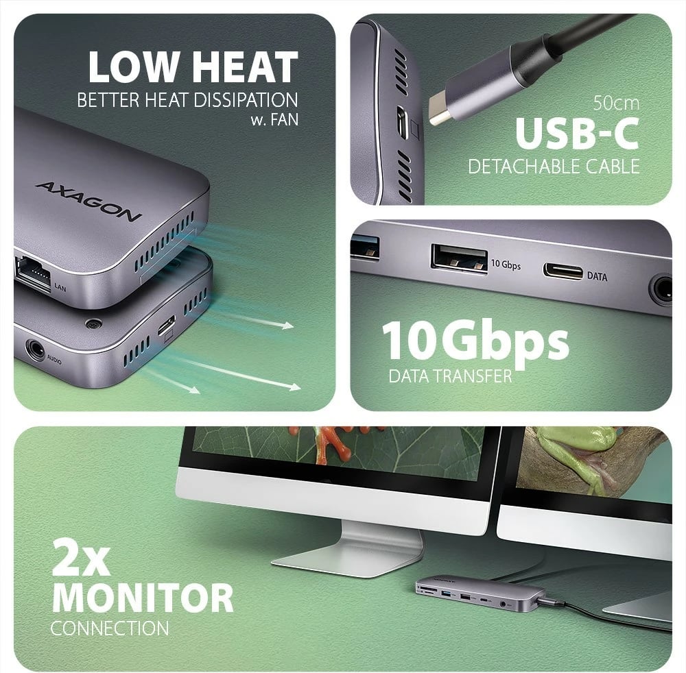 Kasë multiport AXAGON HMC-12GM2 12in1 me slot M.2 NVMe/SATA, 10Gbps, 3x USB-A, USB-C, HDMI 4K/60Hz, DP 4K/60Hz, GLAN, SD/microSD, audio, PD 100W, 50cm, Gri