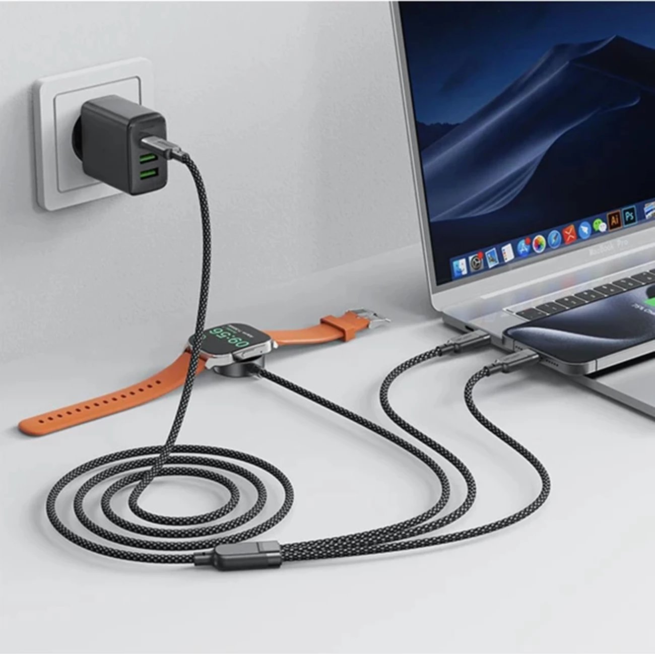 Kabllo 3n1 Acefast C6-11, 2x USB-C / Qi, 1.2m, 100W, e zezë