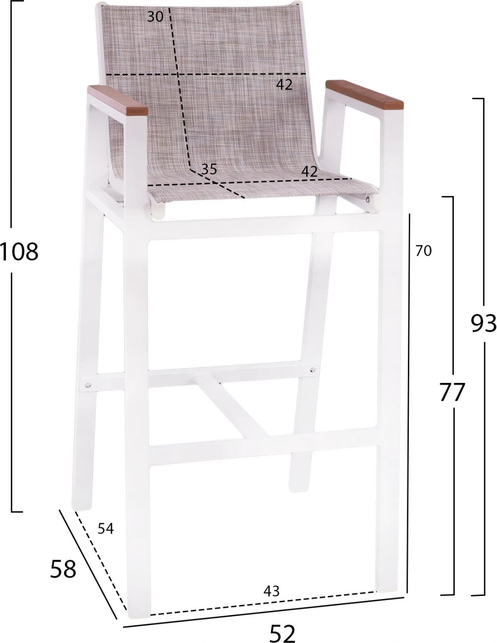 Karrige për bar alumini e bardhë me polywood 52x58x108 cm. FH5790.01