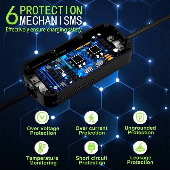 Karikues portativ për vetura elektrike Qoltec 52477, Type 2, 7kW, 5m, WiFi, i zi/gjelbër