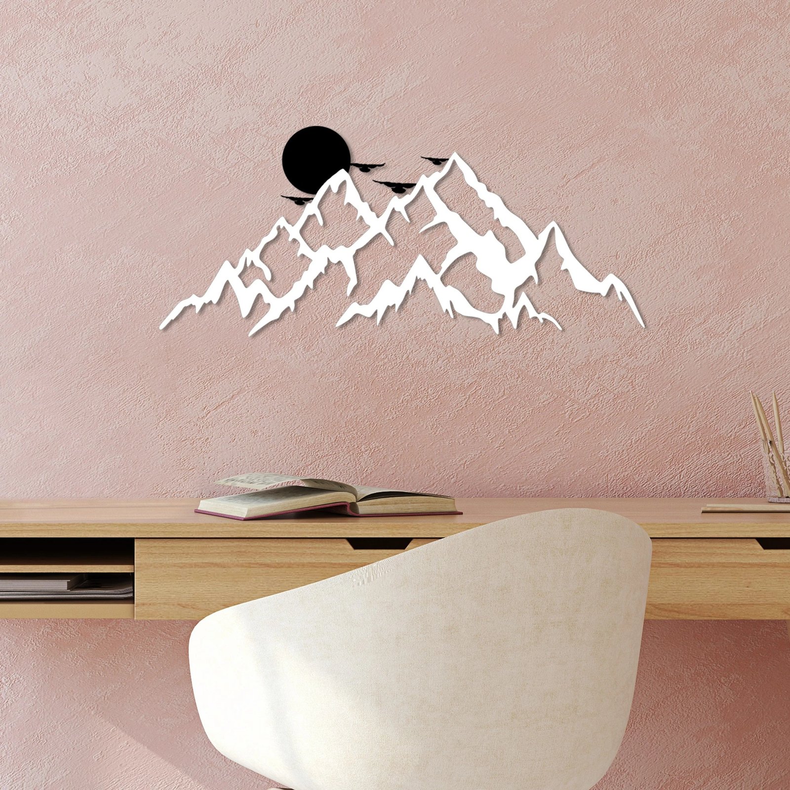 Aksesor dekorativ metalik për mur, Wallity, male dhe diell, 59x25cm