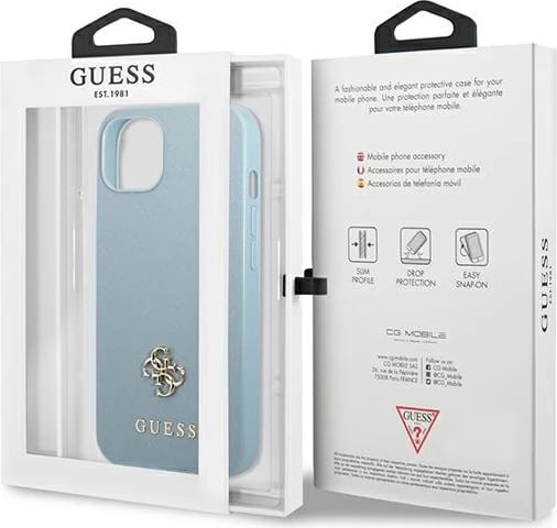 Mbështjellës Guess Saffiano 4G Small Metal Logo për iPhone 13 6.1", kaltër