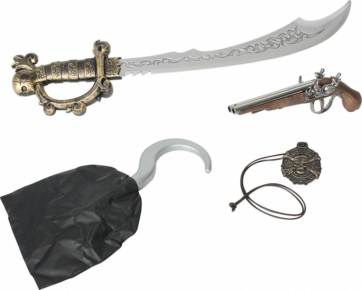 Set piratësh Pulio Gonher me maçetë, pistoletë, grep dhe varëse, për fëmijë, Ngjyrë e zezë/ari/gri/argjend