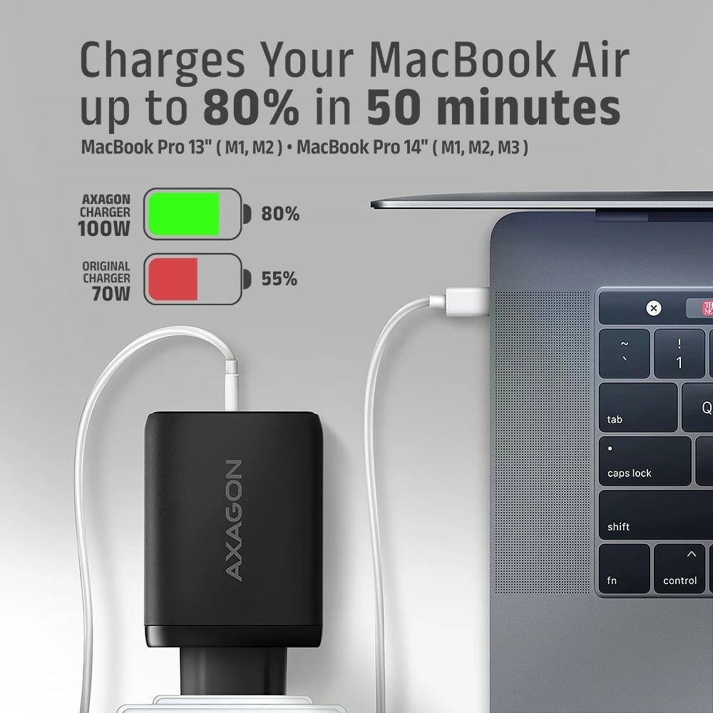 Karikues udhëtimi AXAGON ACU-DPQ100, 100W, 3 porta (USB-A + 2x USB-C), GaN, i zi