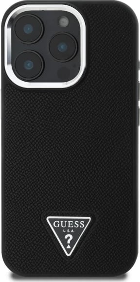 Mbështjellës Guess Grained Triangle MagSafe për iPhone 16 Pro Max 6.9", i zi