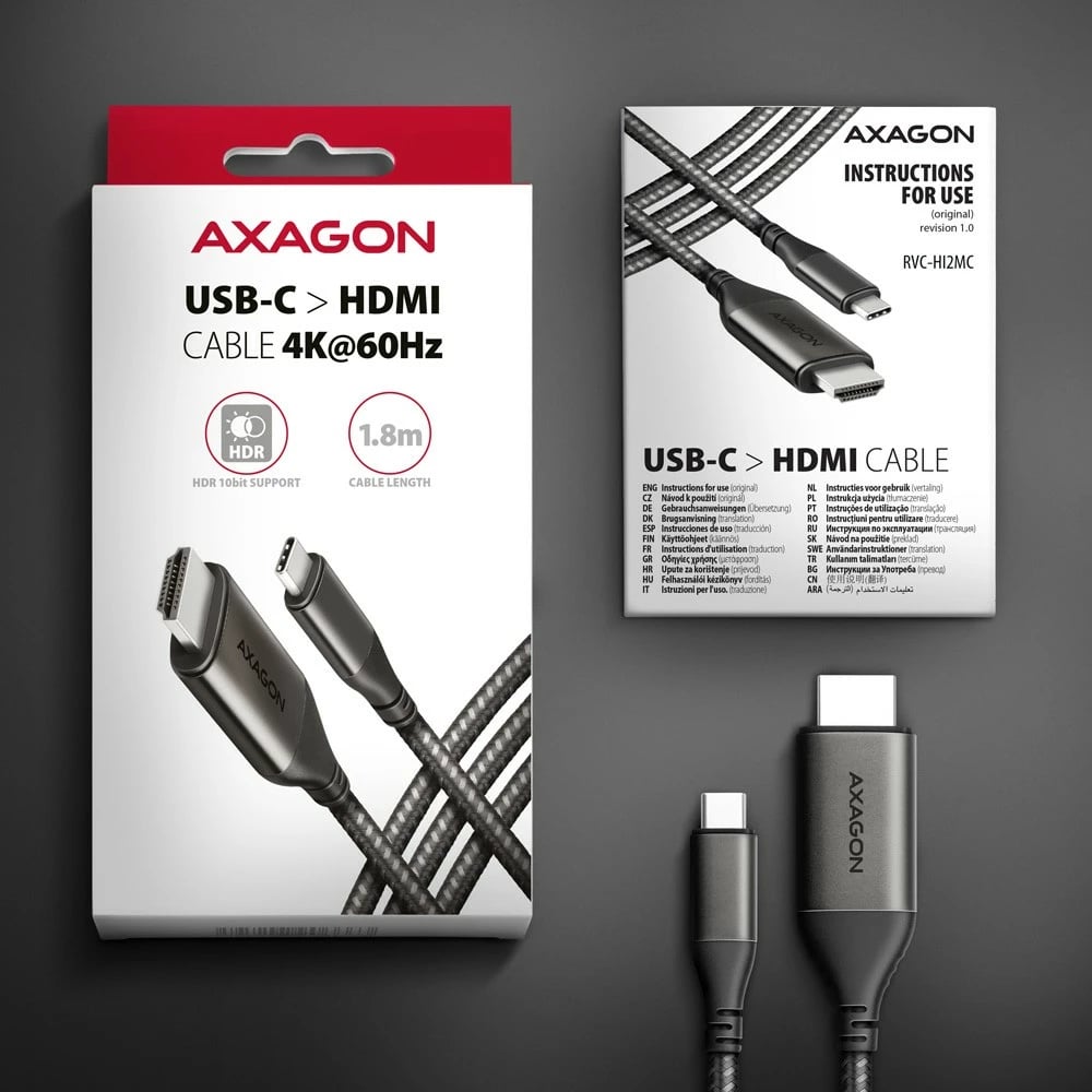 Adapter kabllo USB-C në HDMI AXAGON RVC-HI2MC, 1.8m, Gri