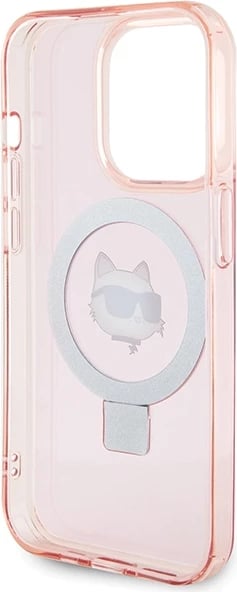 Mbështjellës Karl Lagerfeld KLHMP15XHMRSCHP për iPhone 15 Pro Max 6.7", me unazë Ring Stand Choupette Head, MagSafe, rozë