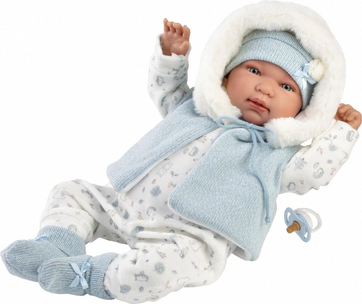 Kukull bebe vajtuese, Llorens, 84485 Tino, 44 cm, qarje me shtypje në bark, bateri LR44 të përfshira, set me 4 pjesë + biberon, blu e çelët