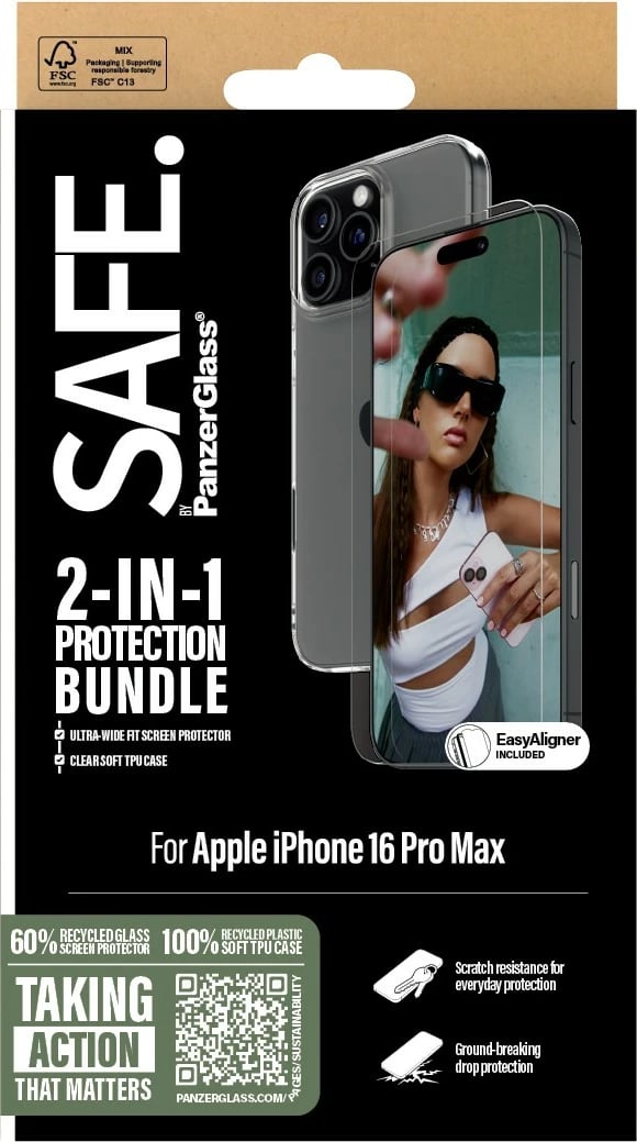 Mbështjellës PanzerGlass SAFE 2-in-1 për iPhone 16 Pro Max, transparent