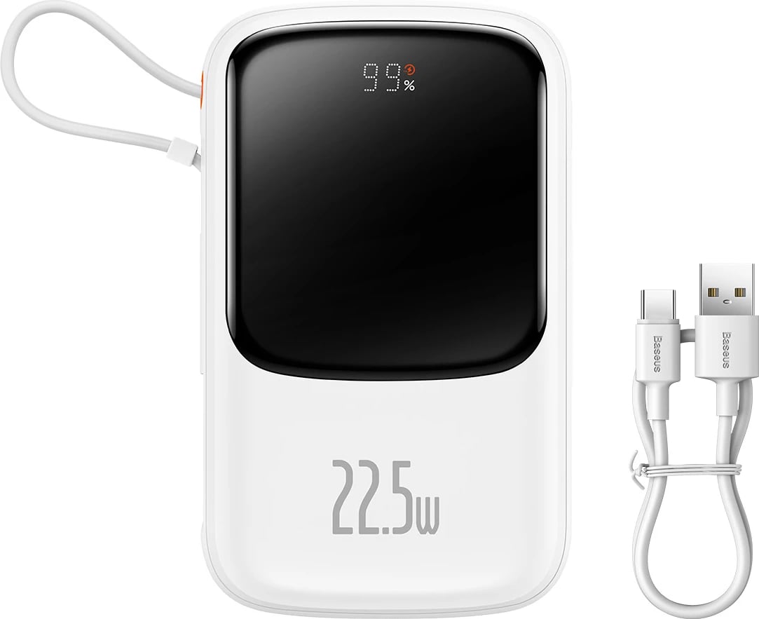 Powerbank Baseus Qpow 10000mAh me kabllo USB Type-C të integruar, 22.5W, Bardhë
