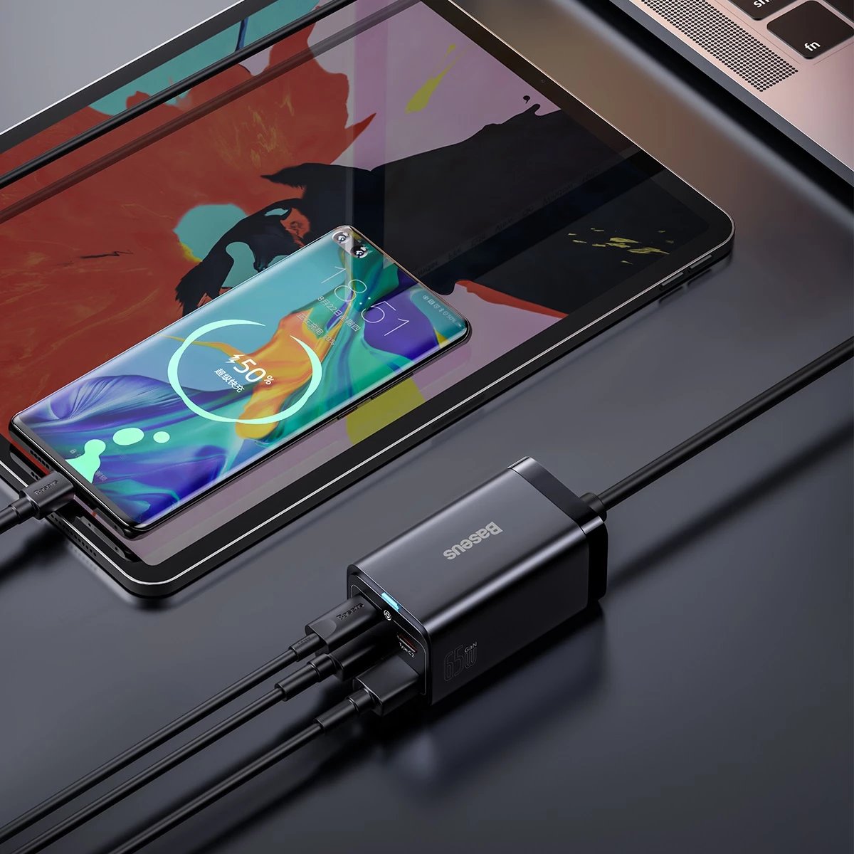 Karikues i shpejtë Baseus GaN3 Pro 65W, 2x USB Type-C, 2x USB, me kabllo USB-C 1m, Zi Karikues i shpejtë Baseus GaN3 Pro 65W, 2x USB Type-C, 2x USB, me kabllo USB-C 1m, Zi