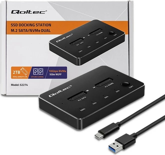Stacion dokimi SSD M.2 Qoltec 52274, NVMe/SATA, USB-C, 2x2TB, i zi