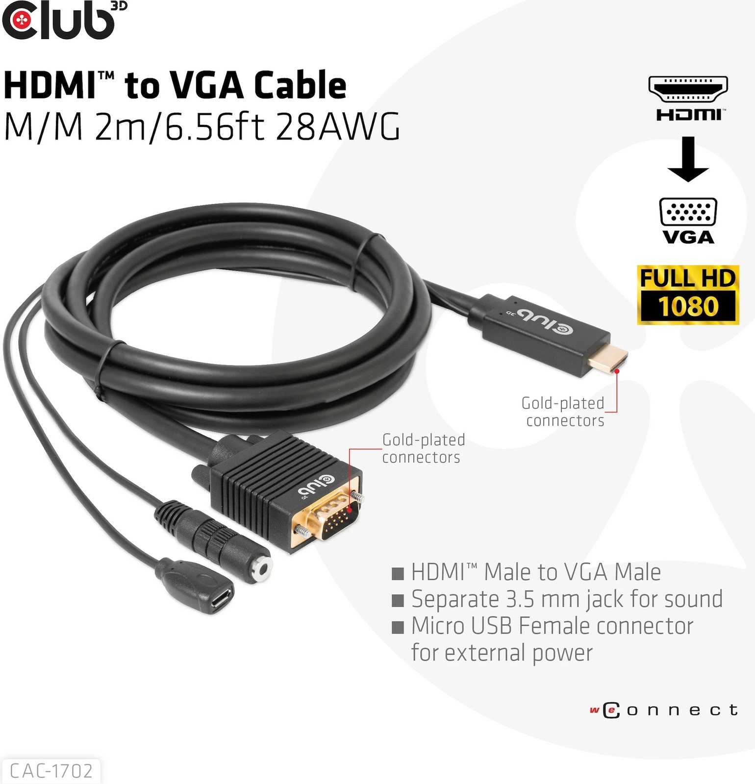 Kabllo HDMI në VGA Club3D CAC-1702, 2m, me audio 3.5mm, e zezë